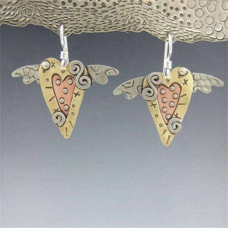 Vintage Hand Carved Heart Wings Shaped Three Tone Drop Earrings Women's Fashion Romantic Wedding Anniversary Jewelry Accessories