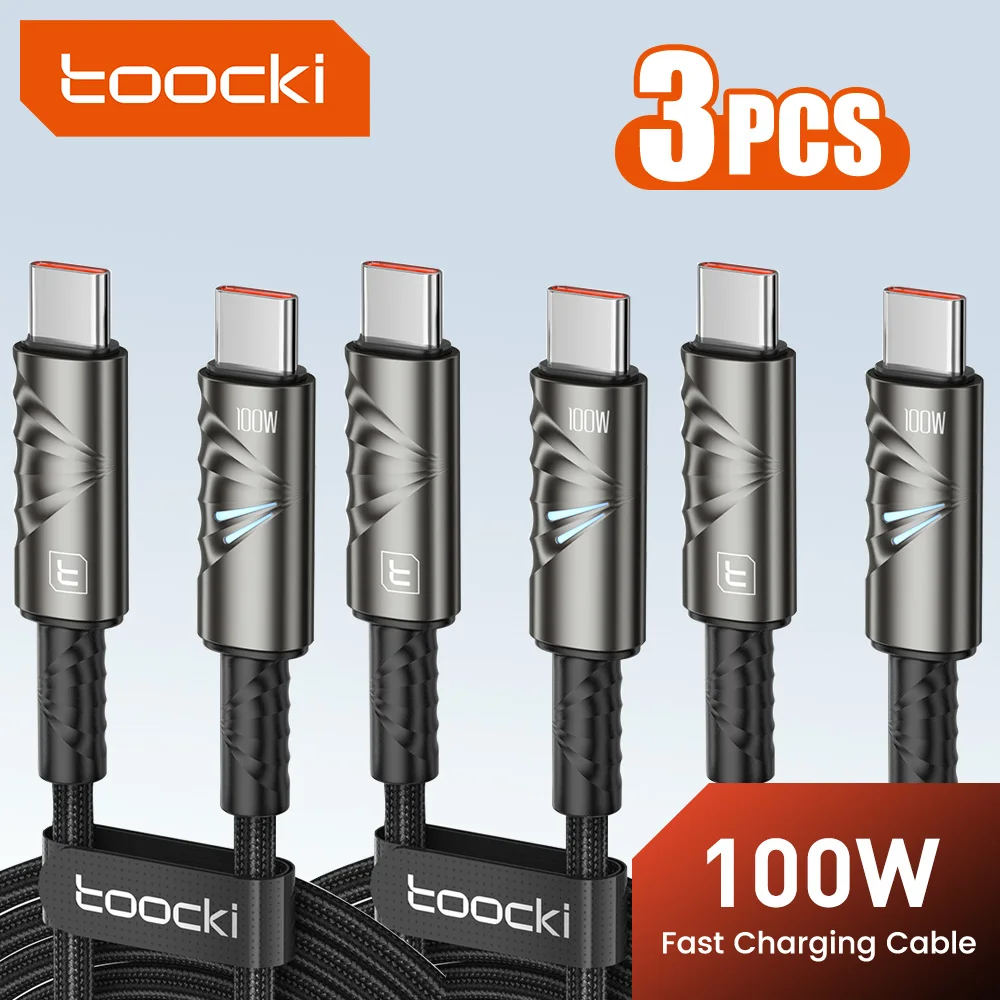 Toocki 3PCS USB C Cable 100W Type C Fast Charging 5A Zinc Alloy Charging Light For iPhone 17 16 Xiaomi Huawei MacBook Data Cable