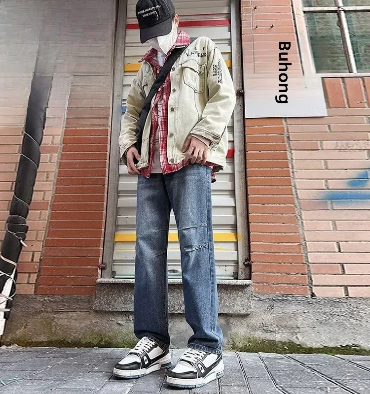 

American Vibe Youthful Straight Leg Jeans Men's Autumn Winter Trendy Brand High Street Waed Workwear Pants Teenagers OOTD