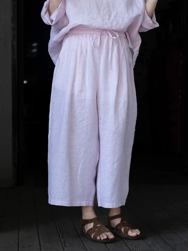

Summer Original Women's Loose Wide Leg Pants Pink Handwoven Linen Casual Straight Leg Trousers Comfortable Breezy Faion