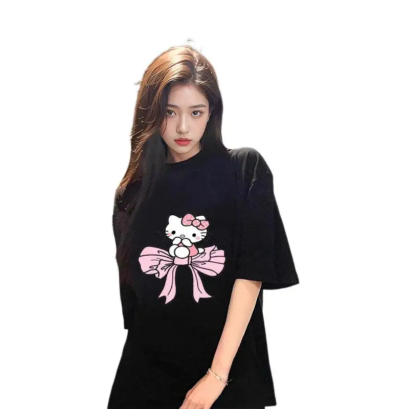

New Hello Kitty Sanrio T-Shirt Kawaii Cartoon Print Cotton Tops O-Neck Oversized Shirts Streetwear Y2K 2025 Top Women Clothing