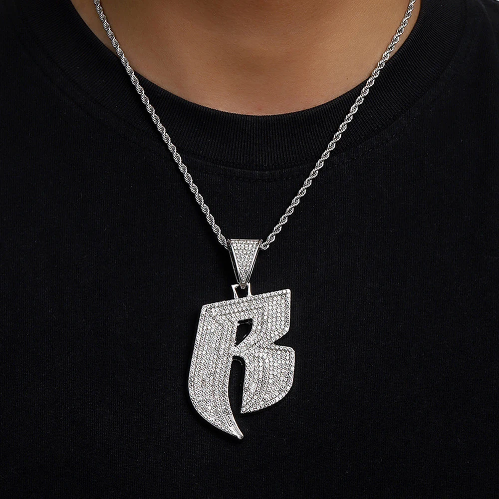 HipHop Full Crystal Letter B Pendant Tennis Chain Necklace With 13mm Miami Cuban Chain Necklace Fit Men Women Punk Party Jewelry