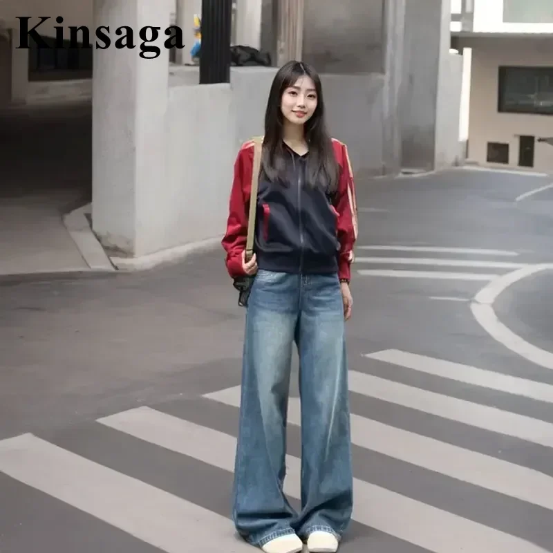 Kinsaga Vintage Blue Wide Leg Jeans Women Korean Fashion Pear Shape Loose Straight Drape Mopping Pants Petite Girl Trousers