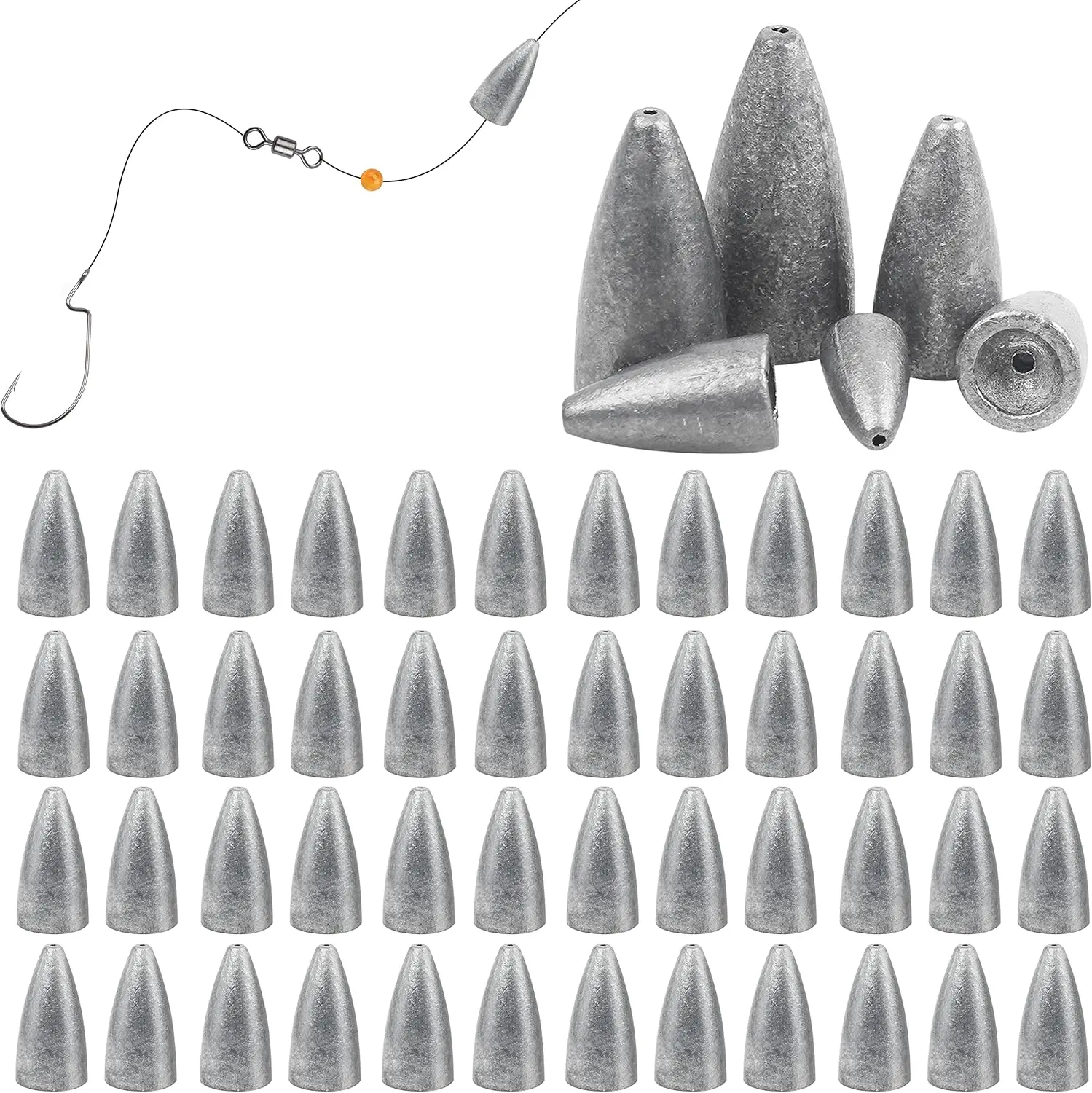

Fishing Weights Sinkers, 50pcs Bullet Sinkers for Bass Fishing Texas Rigs, Slip Sinkers for Soft Plastic Lures, Saltwater