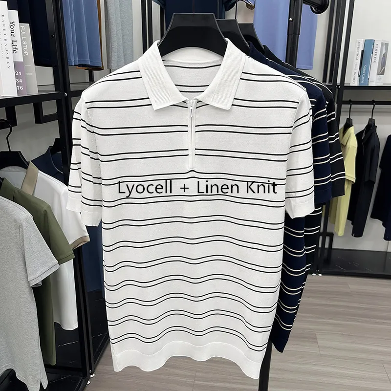New Trendy Lyocell Breathable Knitwear 2026 Summer Casual Striped Linen Knit Polo Shirt Short Sleeve Clothes Pullover Knit Shirt