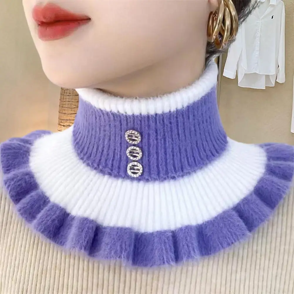 Women Winter Scarf Fake High Collar Ruffle Rhinestone Decor Neckwear Knitted Warm Neck Protection Decorative Neck Warmer