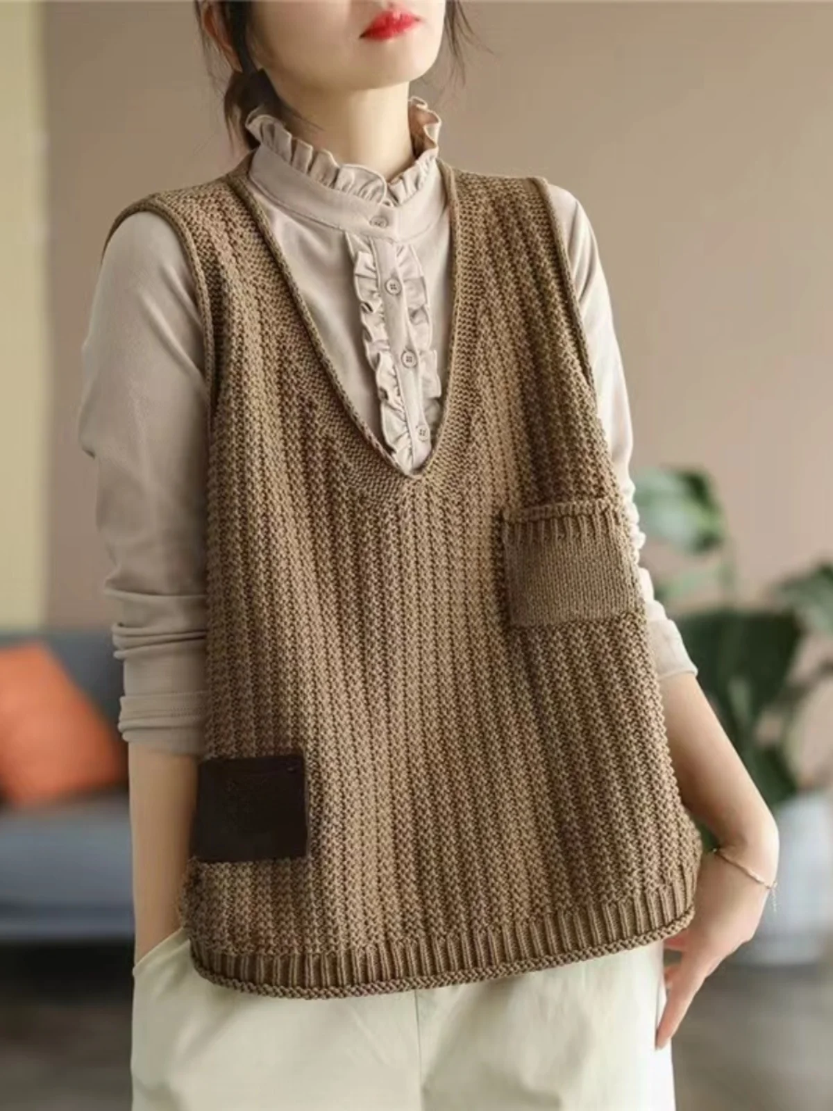 Women's Vintage Casual V-Neck Knitted Vest Spring Autumn Loose Fit Comfortable Breathable  Color Fashion Commute Style
