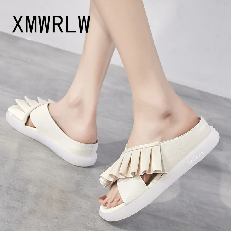 Xmwrlw Vrouwen Slippers 2023 Zomer Echt Leer Mode Effen Kleur Vrouwelijke Slippers Hoge Hakken Vrouwen Zomer Slipper Schoenen