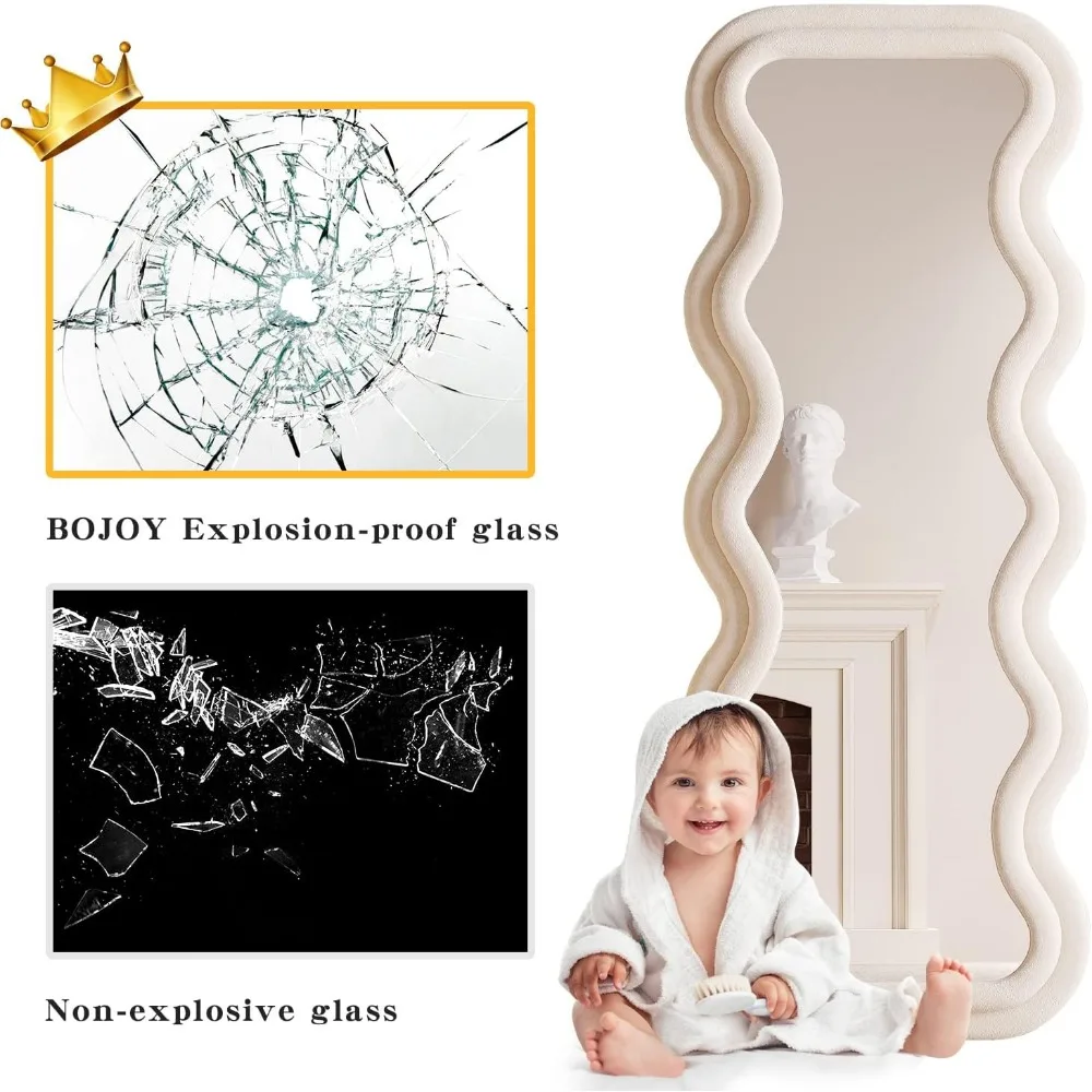 Full-Length Wavy Mirror 63x24 Inches - Flannel Wrapped Wooden Frame for Bedroom, Suitable for Standing, Hanging, or Leaning Agai