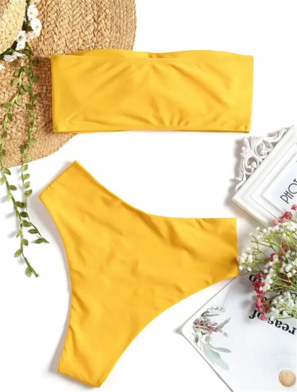 Bandeau Bikini 2021 Women Solid Yellow Push Up Off Shoulder Swimwear Female Bathers Bathing Suit High Waist Swimsuit Biquini