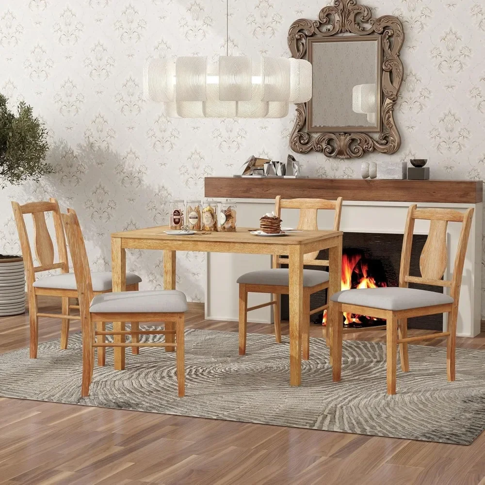 5 Piece Kitchen Dining Table Set, Wooden Rectangular Set with 4 Upholstered Chairs and 1 Table, Easy to Assembly, Natural Wood