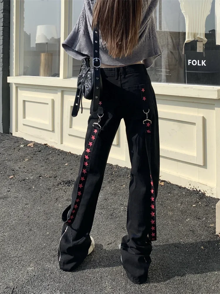 2026 Dark Streetwear Star Print Strap Black Baggy Y2K Jeans Pants Women Gothic Clothes Straight Hip Hop Lady Harajuku Trousers