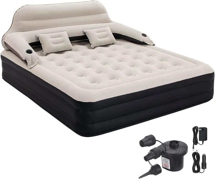 

King Size Air Mattress Inflatable Bed with Pump and Headboard, Blow Up Mattress