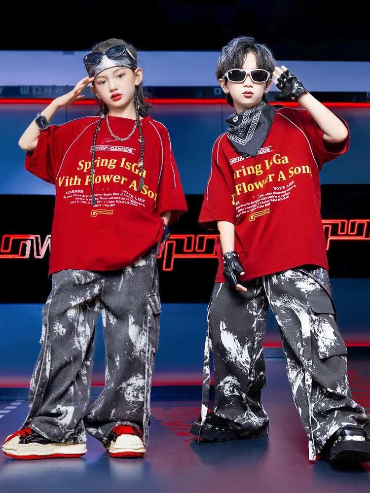 

Kid Hip Hop Clothing Red Letters Graphic Tee T Shirt Gray Tie Dye Strap Casual Cargo Pants for Girl Boy Dance Costumes Clothes