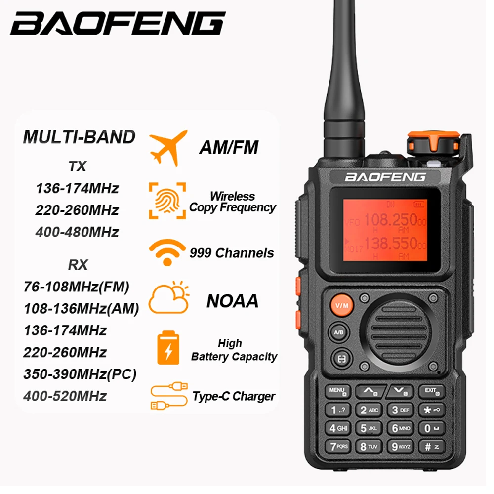 Baofeng BF-K6 Full Band Type-C Charging VOX FM Radio NOAA Wireless Copy Frequency Long Range Walkie Talkie