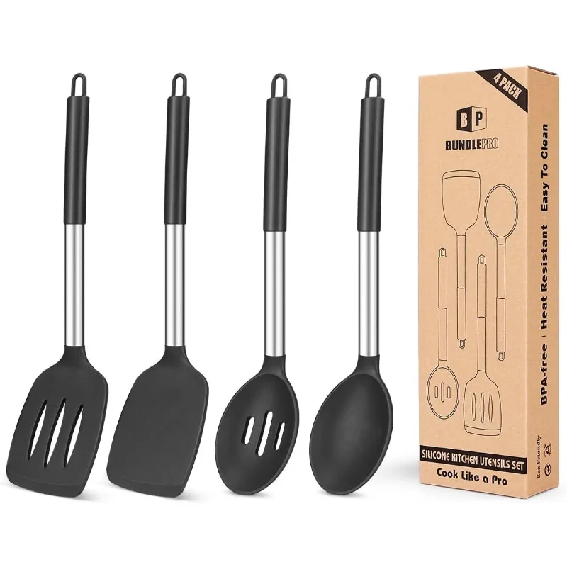 

Pack of 4 Silicone Cooking Utensils Set, Non Stick Large Solid Spatulas, Heat Resistant Black Slotted Spoons