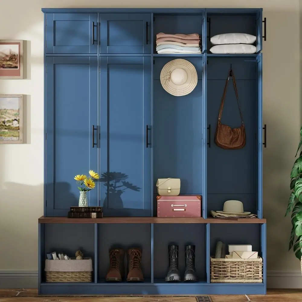 

Blue Wooden Entryway Bench with Storage, Hanging Hooks, and Multi-Functional Cabinet for Living Room