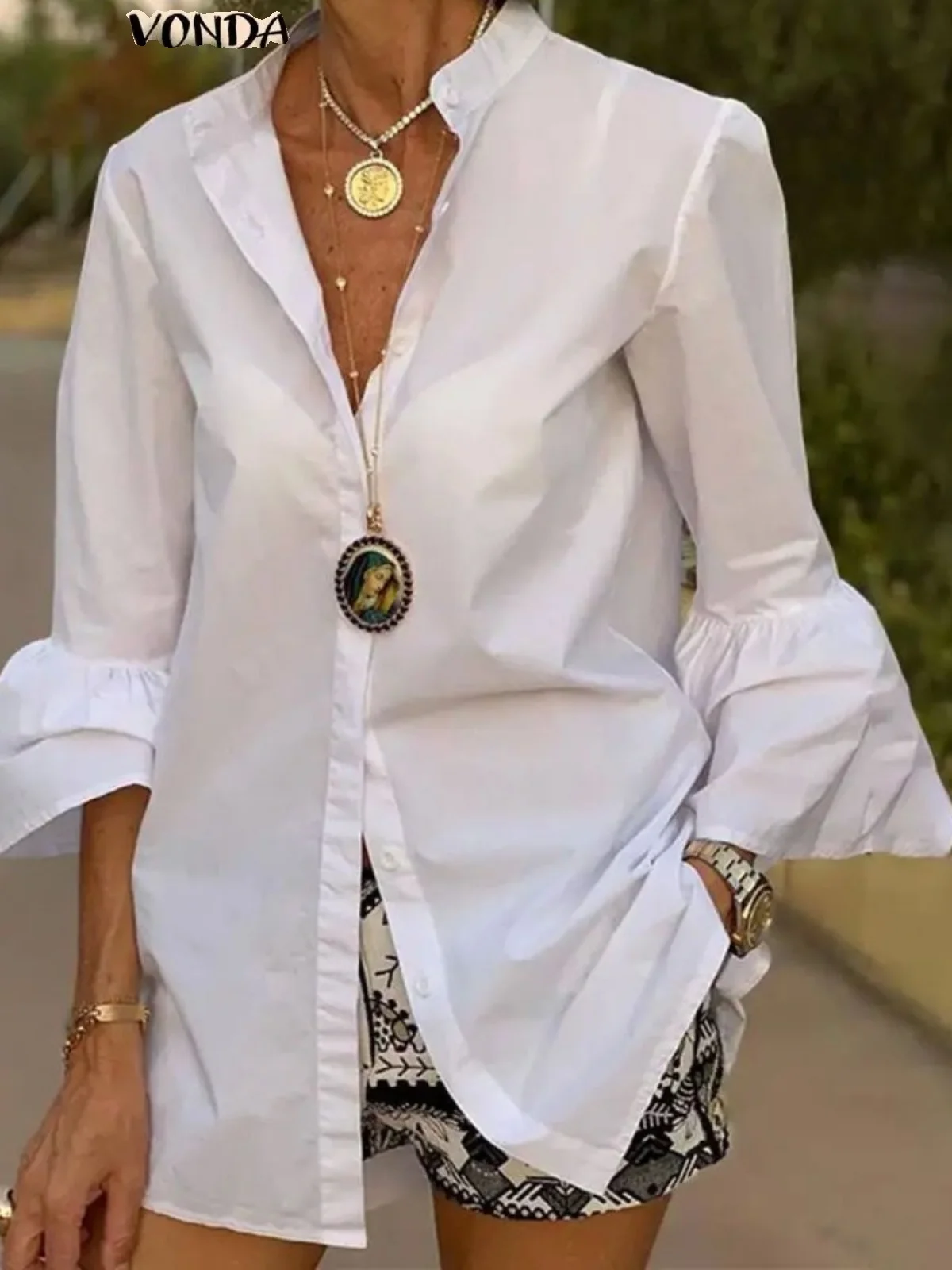 قميص نسائي متوسط الطول بأكمام واسعة، قميص بأكمام طويلة على شكل جرس، قميص ميدي أنيق وعصري للعمل، ملابس نسائية