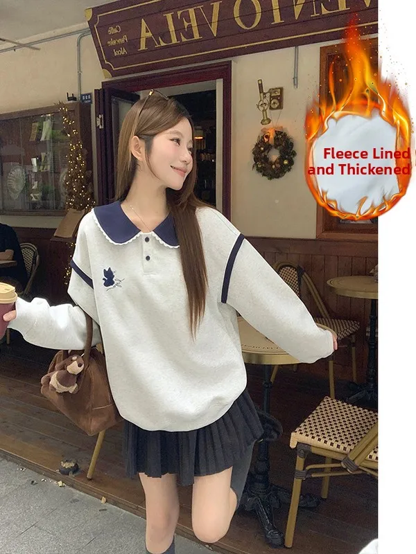 

Embroidered Fleece Lined Thickened Loose Casual Long Sleeve Sweatshirt Women's Autumn Winter Fashion Versatile Design Sense