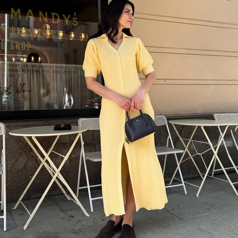 

Ticketsx V Neck Knit Long Dress Women's Single Breasted High Waist Slim Dresses Fashion Summer Vintage Streetwear Female Dresses