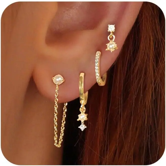 14k Gold Plated Pearl Hoop Earrings – Dainty Huggie Stack Set