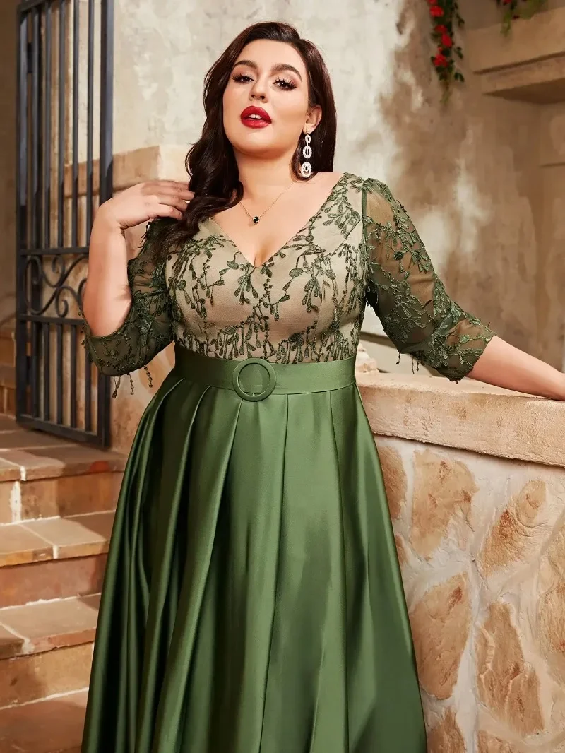 

XL plus size V-neck embroidered lace medium long sleeve color contrast patchwork satin embellish buckle full skirt