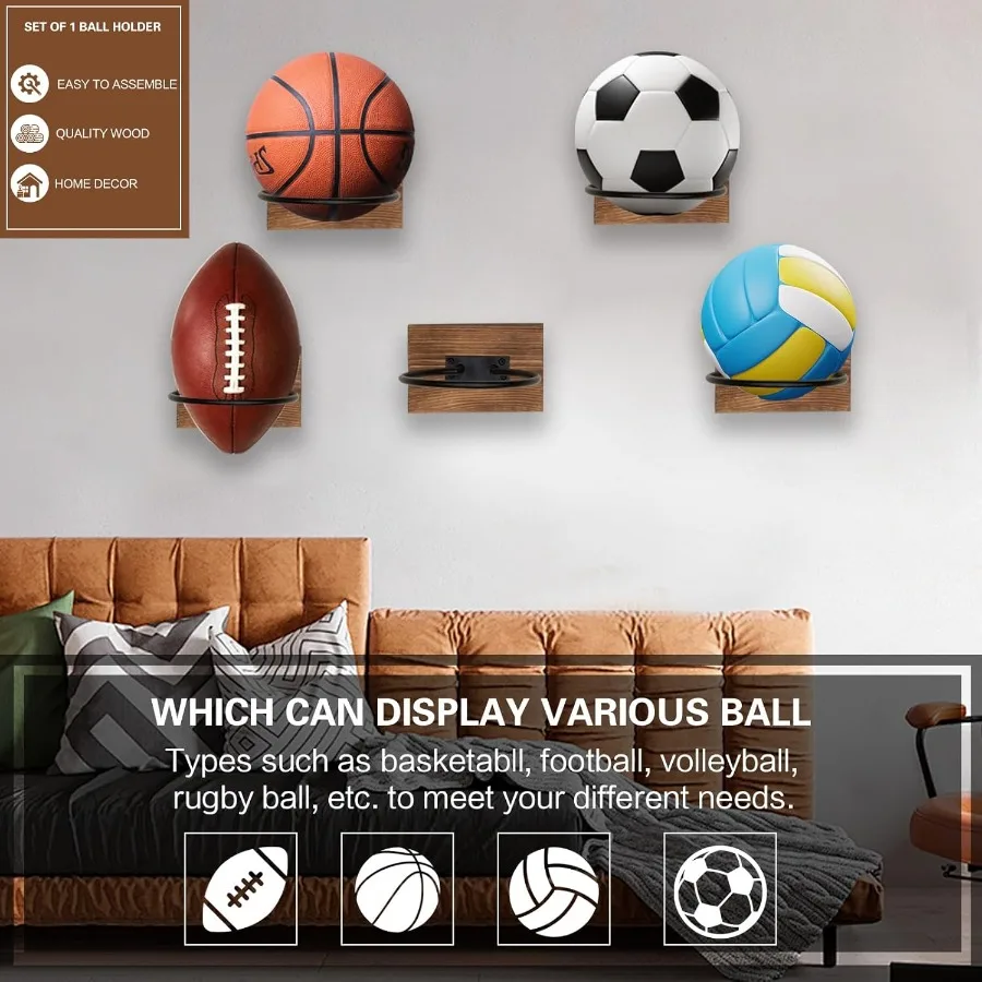 1 個木製バスケットボールホルダー壁掛けボールオーガナイザーラックディスプレイ壁収納サッカーバレーボールラグビーフットボール用