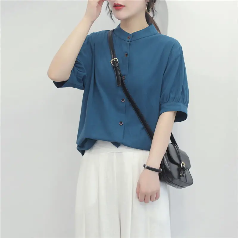 Women Summer Vintage Simplicity Loose Solid Color Appear Thin O-neck Short Sleeve Shirts Women Clothes Fashion All-match Tops