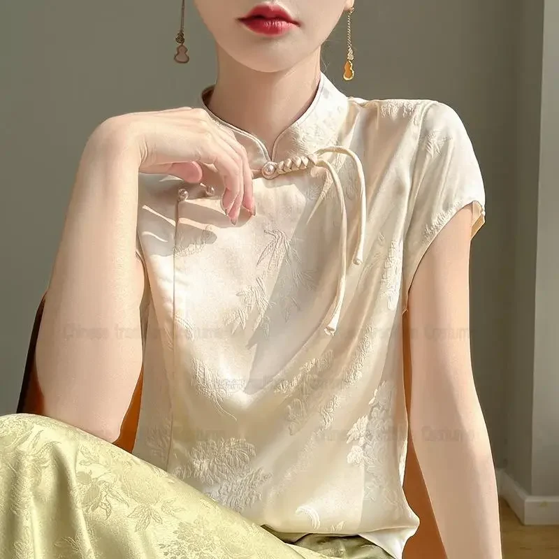 مثير بلوزة جاكار التقاليد الصينية أعلى قصيرة الأكمام تانغ الملابس سيدة الصيف جديد تشيباو قميص خمر اليوسفي طوق قمم