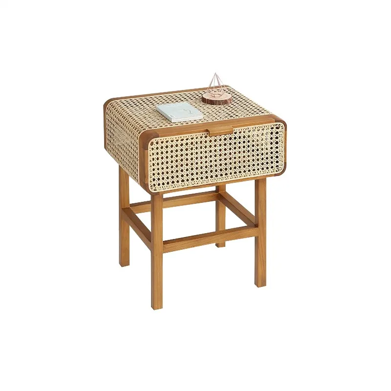 

Solid wood bedside table mini small storage rack rattan woven bedroom small cabinet storage cabinet