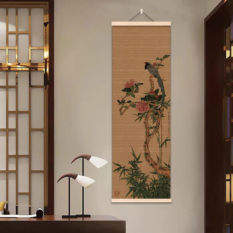 Mid-century Vintage Bamboo Scroll Curtain Chinese Flower Bird Art Hanging, Entry Foyer Tea Room Study Background Cover Decor