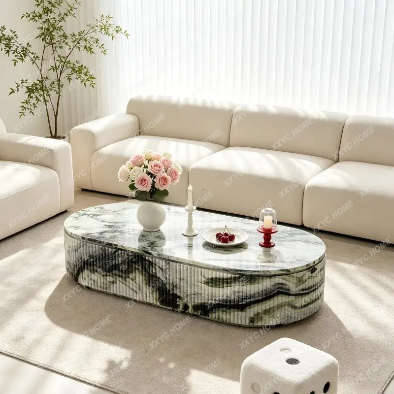 XXAdvanced natural green marble oval coffee table living room sofa coffee table tea table customization