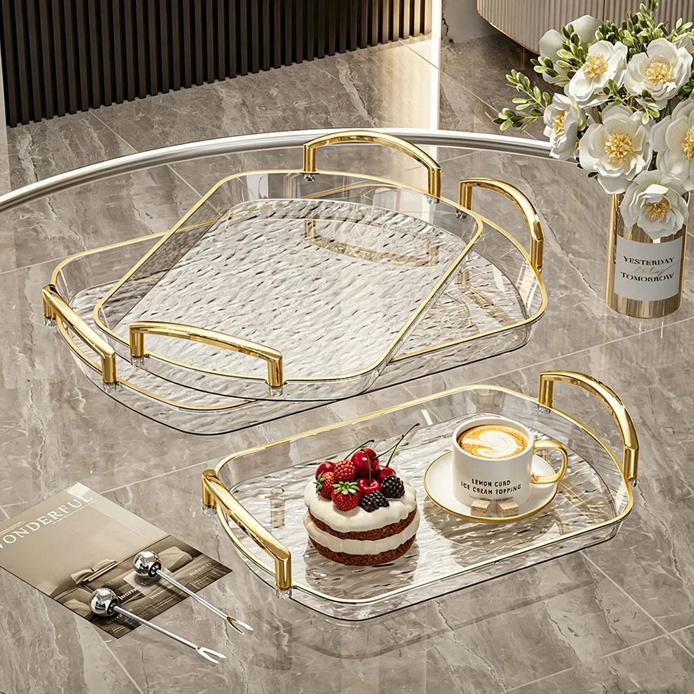 Luxury Water Ripple Acrylic Tray with Gold Handles Rectangle Decorative Tray Coffee Table Cosmetic Storage Tray Home Decor Gift