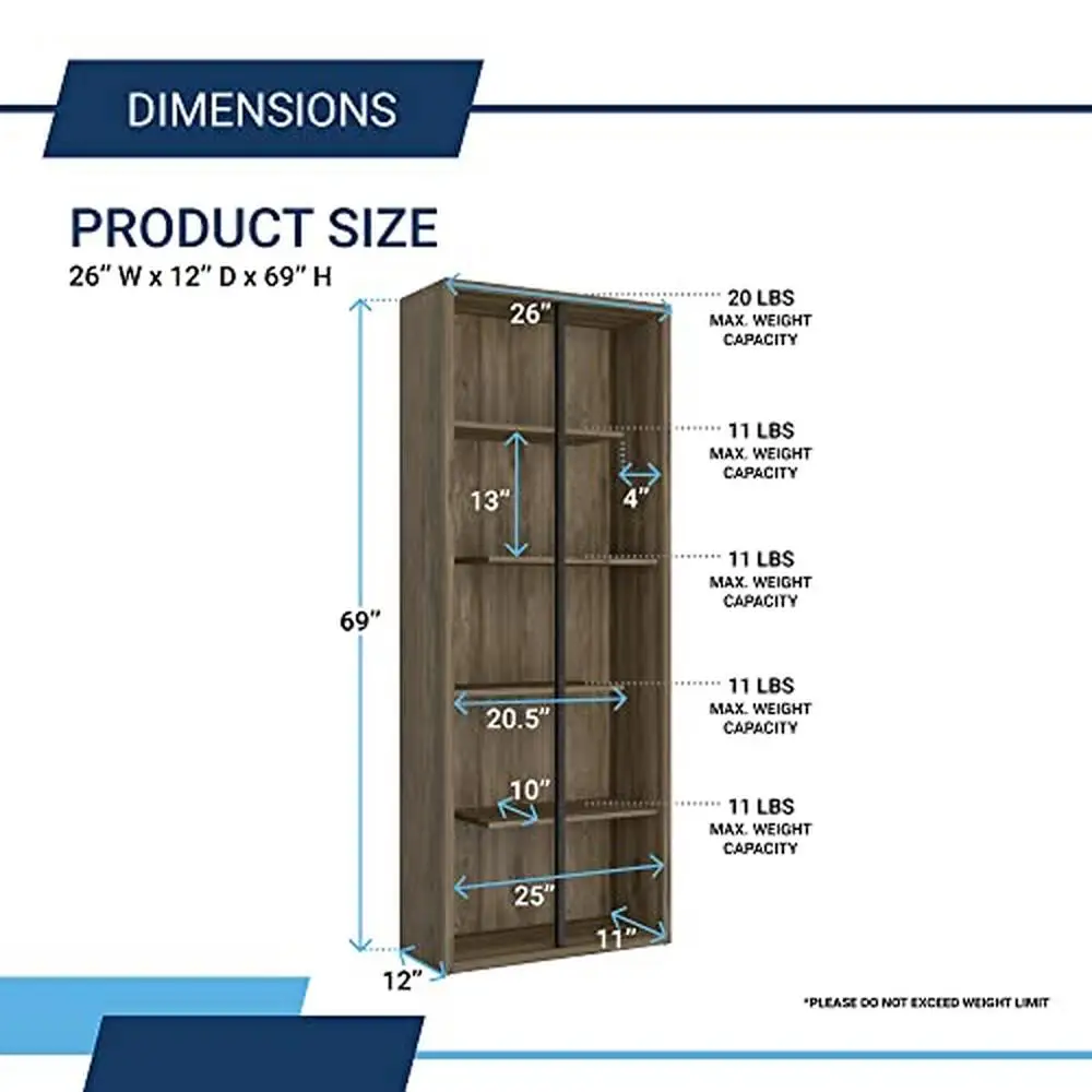 Книжная полка из ореха 5-уровневая, Металлическая Подставка 26 дюймов Ш x 69,1 дюйма в офисную спальню