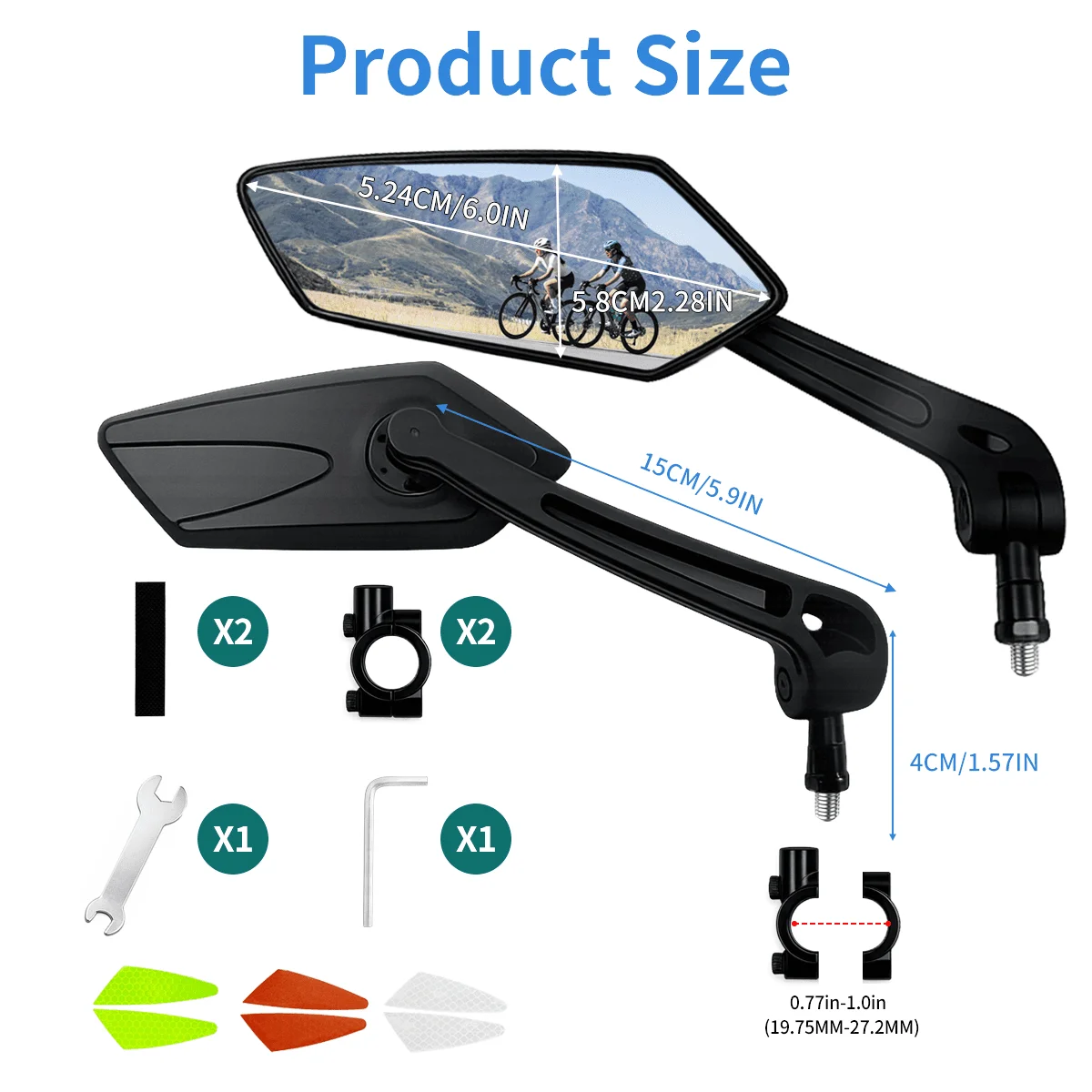 1 Pair Adjustable Handlebar Bike Mirror, Shatterproof HD Glass Lens, Universal Fit Rearview Bicycle Mirrors, 360° Rotatable, Com view 3