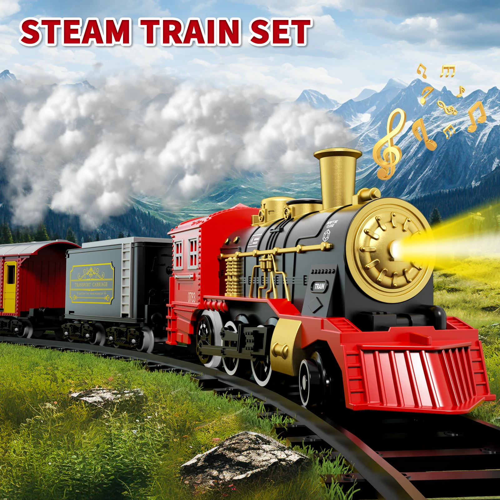 Electric Train Set for Kids Boys and Girls, Classic Christmas Train Toys, Steam Locomotive Engine, Lights & Sound, Tracks