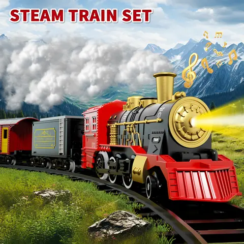 Electric Train Set for Kids Boys and Girls, Classic Christmas Train Toys, Steam Locomotive Engine, Lights & Sound, Tracks