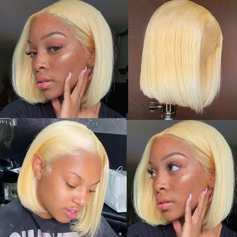 

613 Honey Blonde Colored Human Hair Wigs Lace Frontal Brazilian Bone Straight Short Bob Wig Cheap Remy Human Hair Wigs for Women