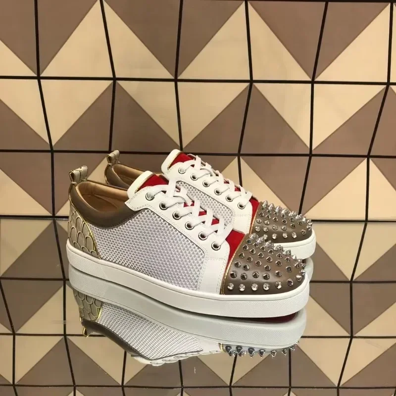 Luxury Night Club Low Top Red Bottom For Men Shoes Trainers White Net Genuine Leather Silver Rivets Toecap Flats Sneakers