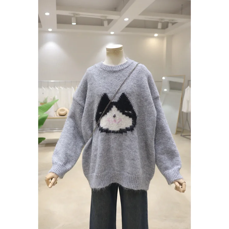 Comfortable Thick Cartoon Jacquard 2023 Autumn And Winter Loose All-Matching Thickened O-Neck Pullover Long Sleeve Sweater Women