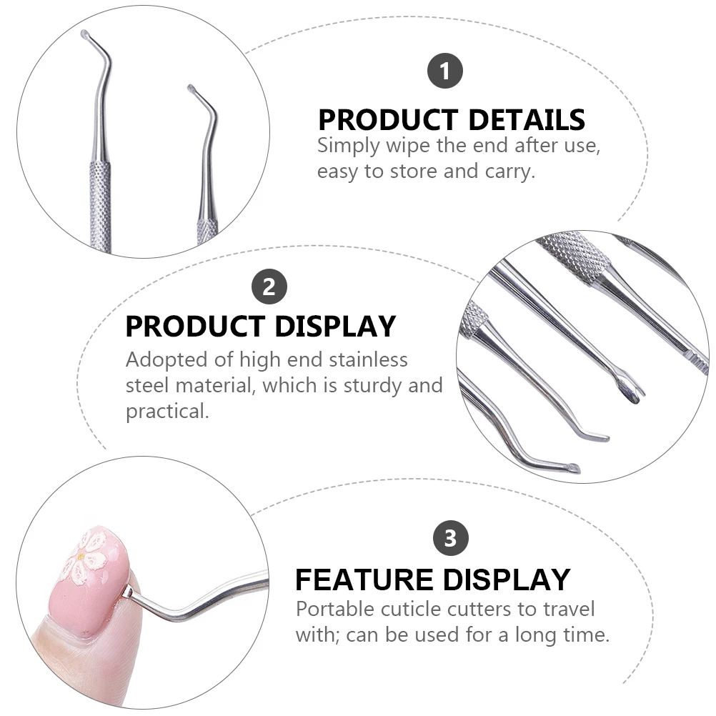 1Set Stainless Steel Manicure Tools Non-Slip Ergonomic Rounded Handles Cuticle Pusher Nail Polish Remover Portable Travel Nail