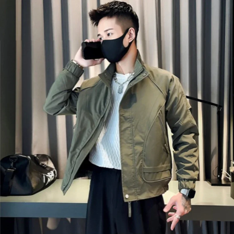 

Мужская оливково-зеленая куртка с воротником-стойкой Премиум-осеннее осеннее пальто с эстетикой в стиле милитари