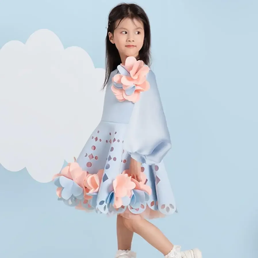 Autumu Winter New Fashion Flower Girl Dresses Appliques Puff Sleeve Patchwork Ball Gown A4176 Brithday Party Dress Vestidos