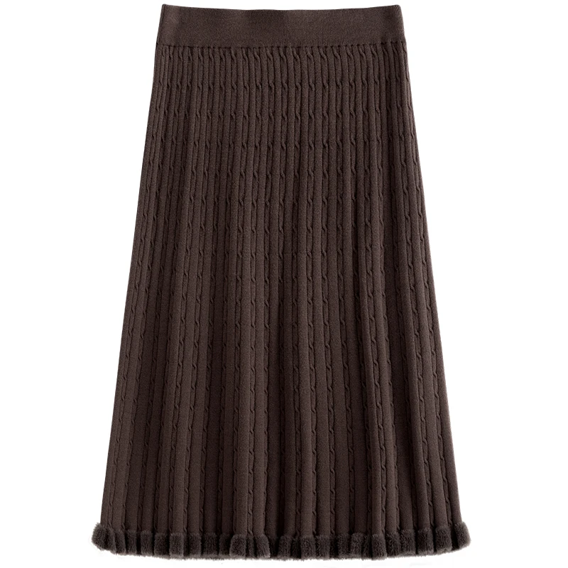 DUSHU Women Winter Retro Coffee Color Thicken Knitted Skirt Temperament Twist Texture A-line Skirt Women Black All-match Skirts