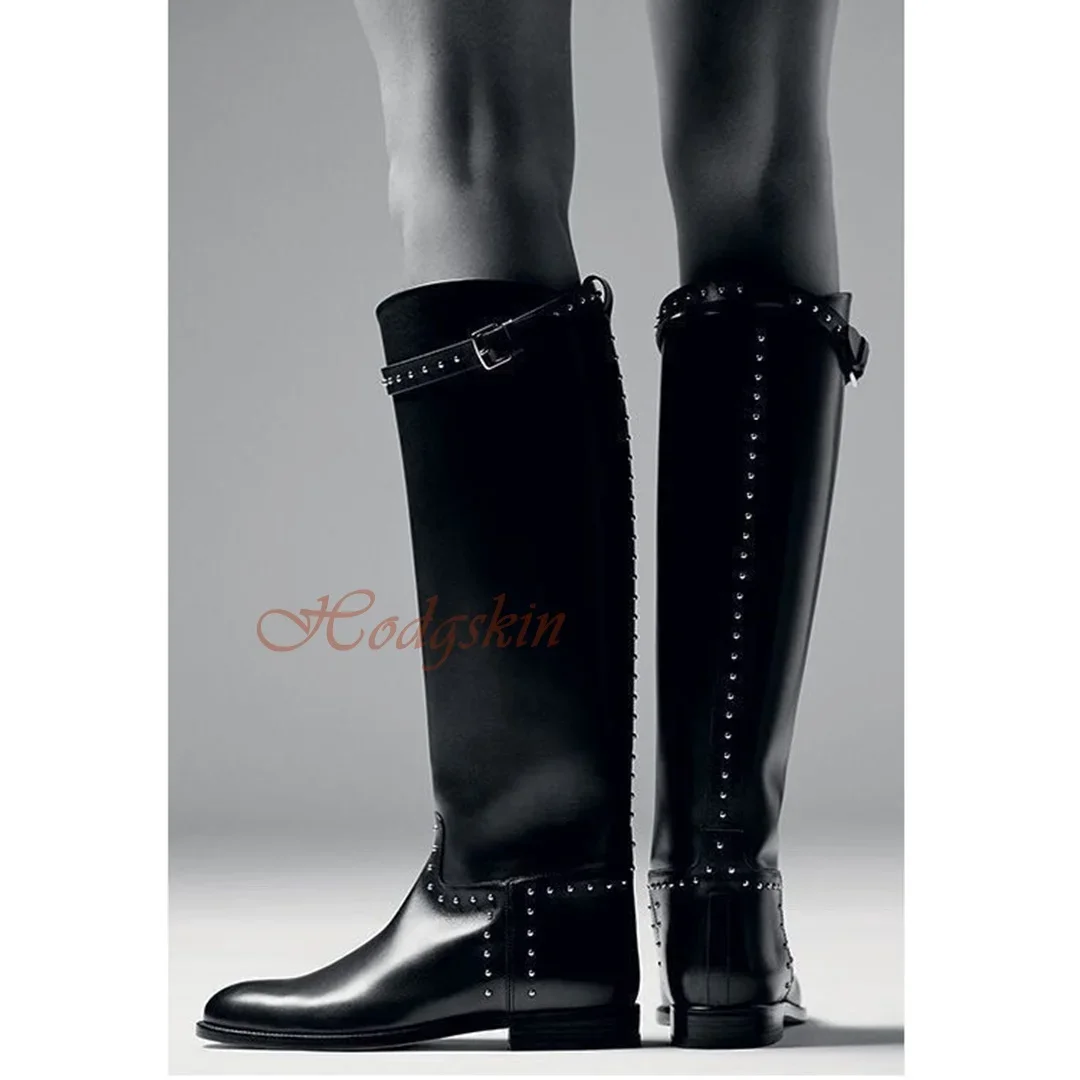 

Rivet Buckles Straps Boots Women Casual Shoes Round Toe Flat With Knee High Boots Slip On New Designer Party Shoes Winter Solid