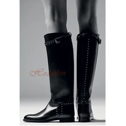 Rivet Buckles Straps Boots Women Casual Shoes Round Toe Flat With Knee High Boots Slip On New Designer Party Shoes Winter Solid