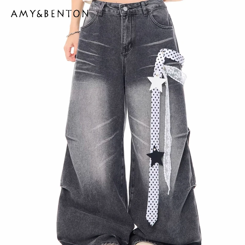 Korean Girl Design Women's Wide-leg Jeans 2026 Spring Summer New Sweet Lace Polka Dot Lace-up Loose Straight Casual Pants Ladies
