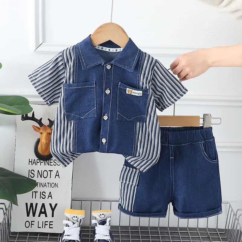 New Summer Children Denim Suit Outfits Baby Boys Clothes Fashion Striped T Shirt Shorts 2Pcs/Sets Kids Casual Tracksuits 1-5year