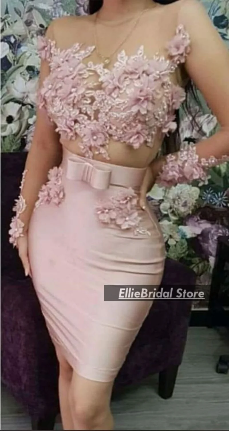 Sexy Pink Cocktail Dresses Long Sleeves Lace Pearls Birthday Dress Woman Mini Party Outfit Short Prom Gowns Customized