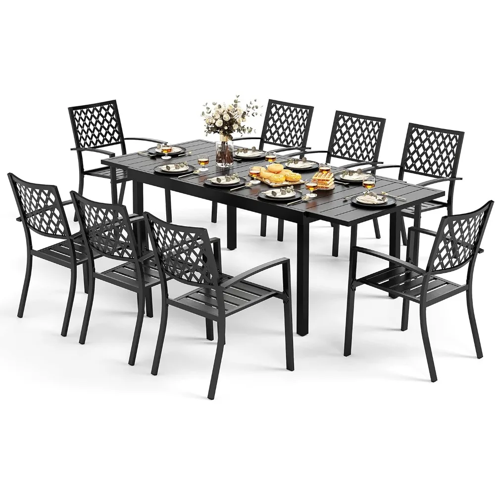 9PCS Patio Dining Set,Outdoor Furniture Set with 8 Steel Slat Stackable Chairs and1 Large Black Rectangular Expandable Table for